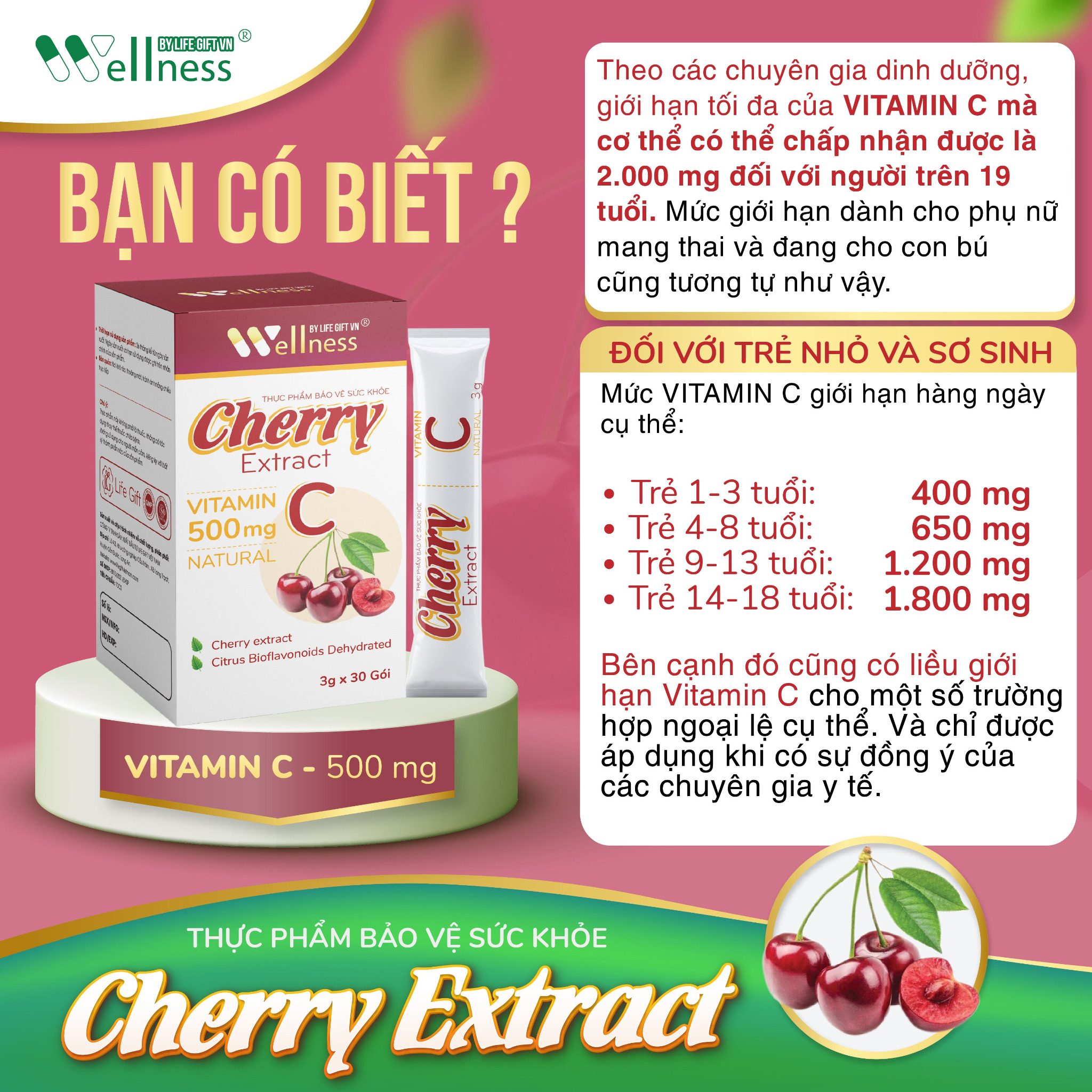 Thực phẩm bảo vệ sức khỏe Cherry Extract Vitamin C – Hàm lượng Vitamin C cần thiết cho từng lứa tuổi - Siêu Thị Droppii