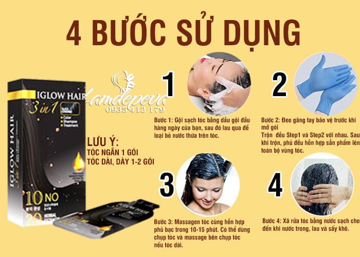 Hướng dẫn sử dụng Dầu gội phủ bạc tóc Iglow Hair 3 in 1 Hàn Quốc hộp 15ml x 5 gói - Siêu Thị Droppii