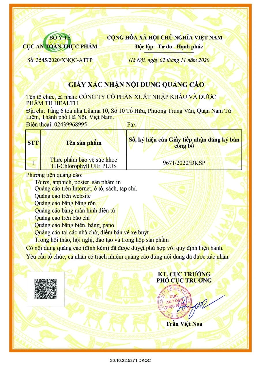 giay-xac-nhan-noi-dung-quang-cao-cong-ty-co-phan-xuat-nhap-khau-va-duoc-pham-th-health-thuc-pham-bao-ve-suc-khoe-th-chlorophyll-uie-plus Giấy xác nhận nội dung quảng cáo Công Ty Cổ Phần Xuất Nhập Khẩu và Dược Phẩm TH Health - Thực phẩm bảo vệ sức khỏe TH-Chlorophyll UIE PLUS