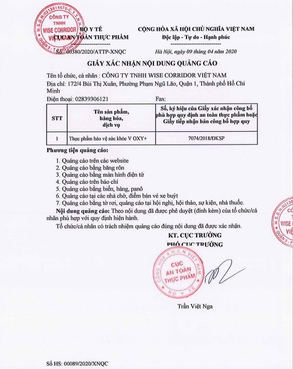 Giấy xác nhận nội dung quảng cáo sản phẩm V-Oxy giay xac nhan san pham v
