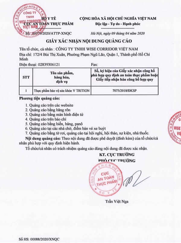 Giấy xác nhận nội dung quảng cáo sản phẩm V-Trition giay xac nhan san pham v trition