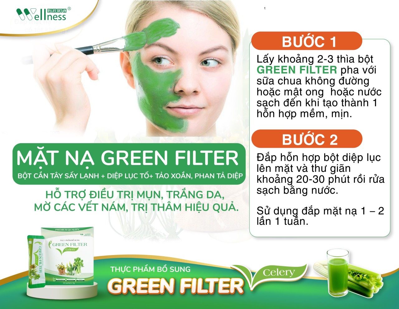 Thực Phẩm Bổ Sung Bột Cần Tây Sấy Lạnh Diệp Lục Green Filter Celery có thể dùng làm mặt nạ đắp mặt - Siêu Thị Droppii